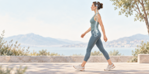 Persona che cammina con la testa naturalmente allineata sopra il tronco e il bacino
