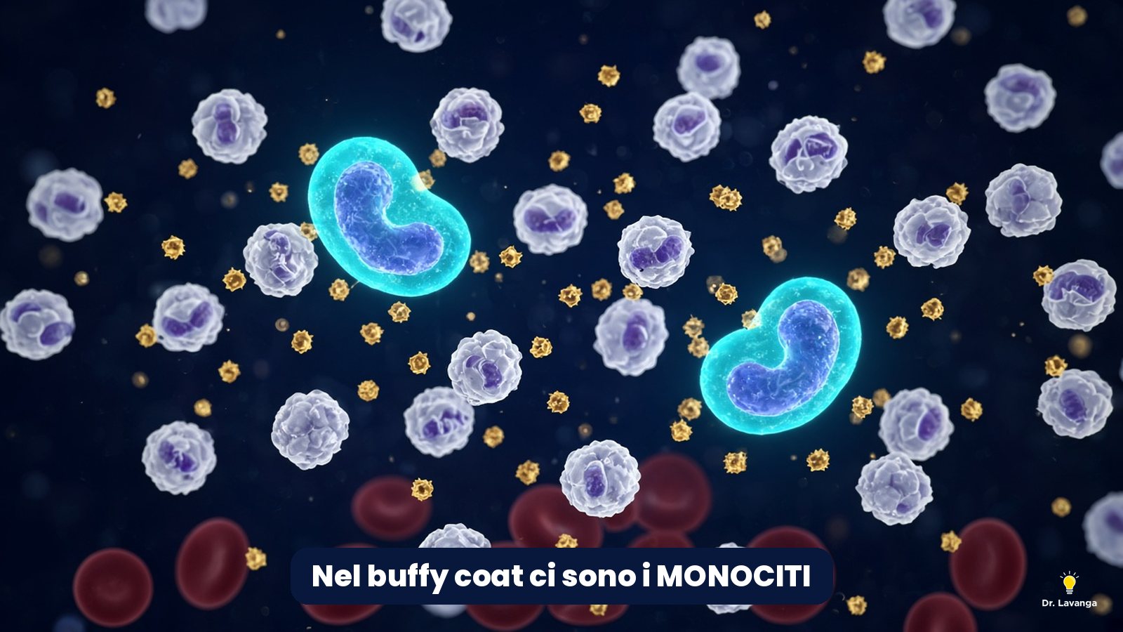 Rendering 3D dei globuli bianchi del buffy coat, con i monociti in evidenza tra piastrine e globuli rossi