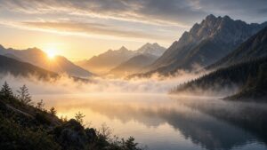 Paesaggio all'alba con luce soft: rinnovamento e stabilità, metafora della scatola addominale