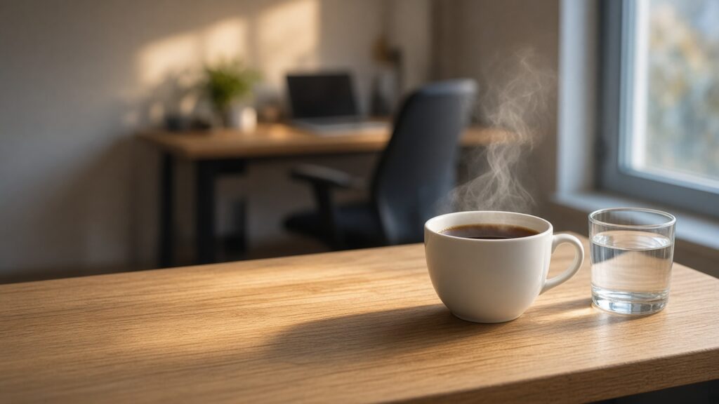 Tazza di tè fumante e bicchiere d'acqua su una scrivania durante una pausa dal lavoro