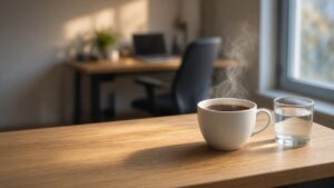 Tazza di tè fumante e bicchiere d'acqua su una scrivania durante una pausa dal lavoro