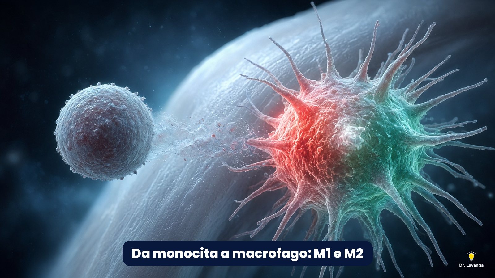 Rendering 3D di un monocita che si trasforma in macrofago